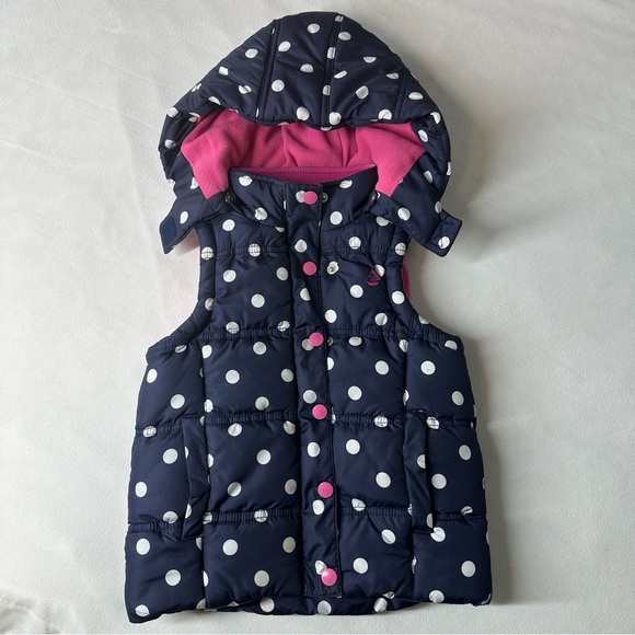 JoJo Maman Bebe Other - JoJo Maman Bébé Navy Polka Dot Puffer Vest 3Y Detachable Hood Fleece Lined